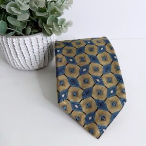 NWOT Jos. A. Bank Signature Silk Necktie Gold Navy Print 3 7/8" X 59 1/2" Work